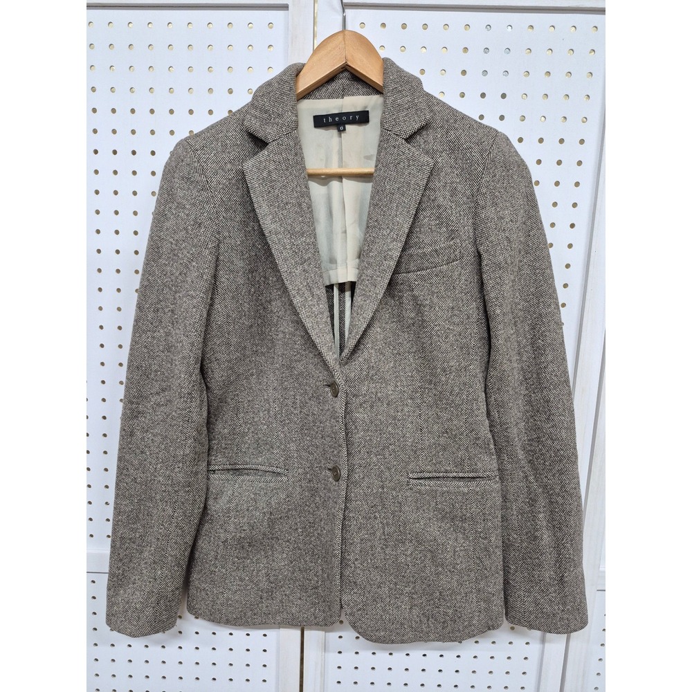 Theory Women's Herringbone Tweed Wool Blend Two Button Blazer Jacket Size 0
